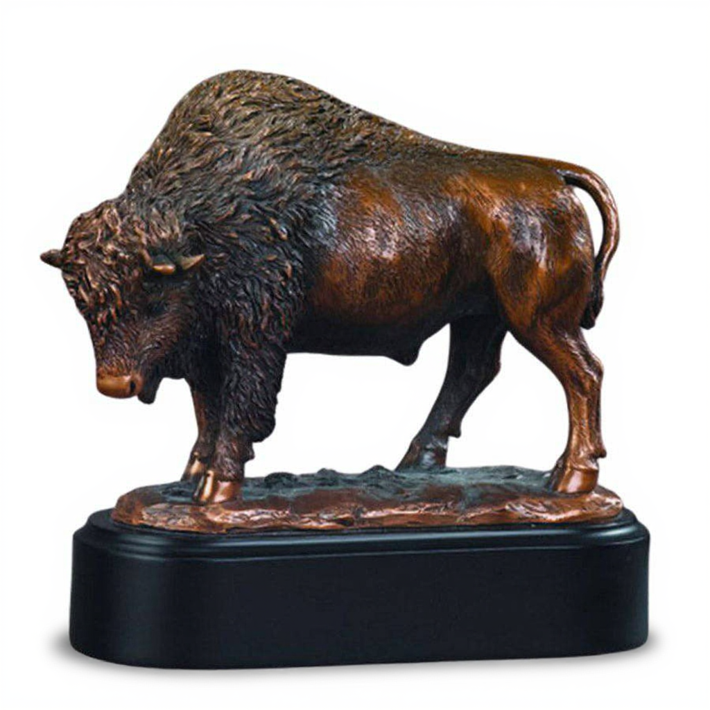 Side profile of the 7x7 inch buffalo statue, highlighting the warm copper finish and sturdy black base.