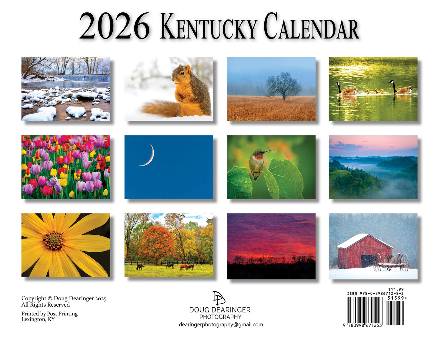 The back cover of the 2026 Kentucky calendar displaying a grid of all 12 monthly photos.