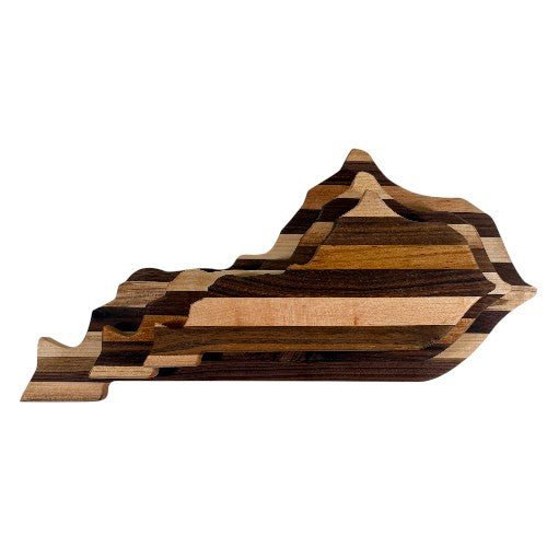 Wooden cutting board shaped like the state of Kentucky on a white background