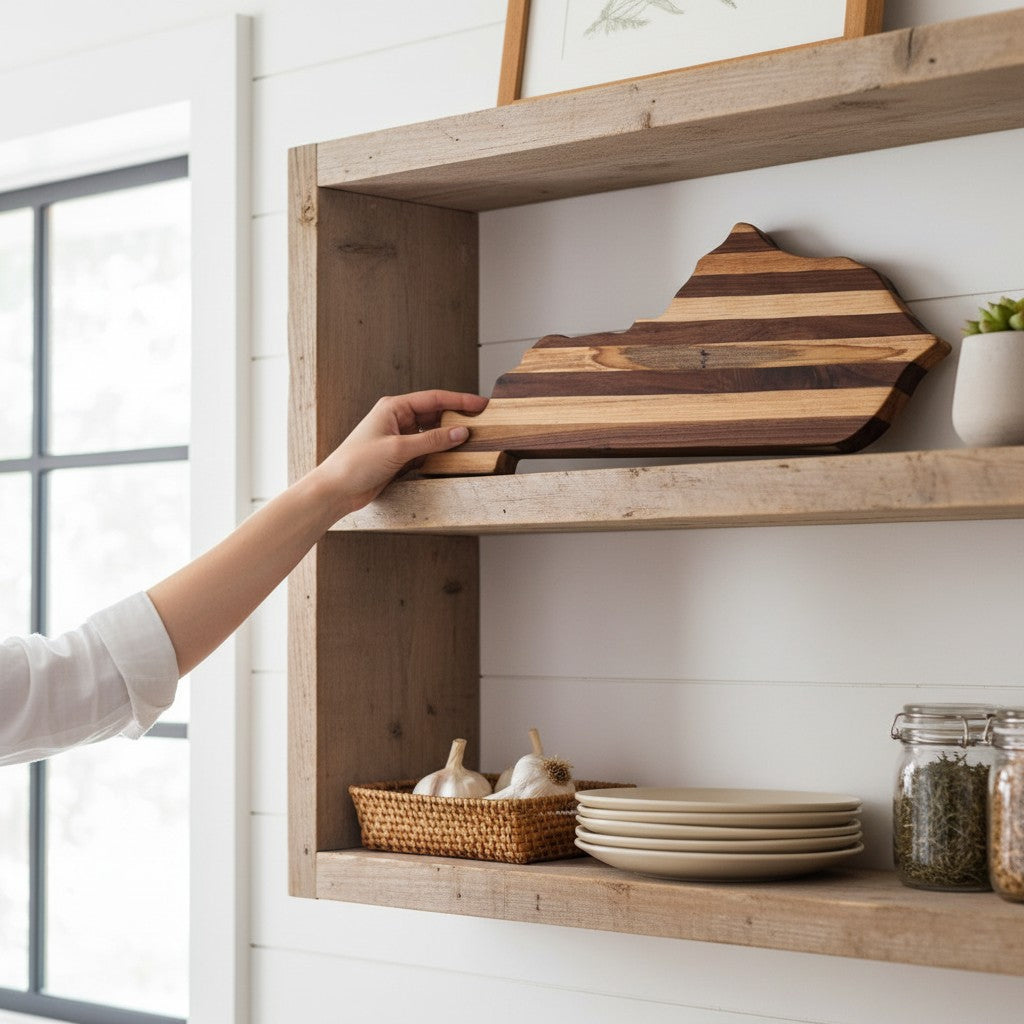 Handmade Kentucky charcuterie board displayed in a rustic farmhouse kitchen as functional wooden décor.