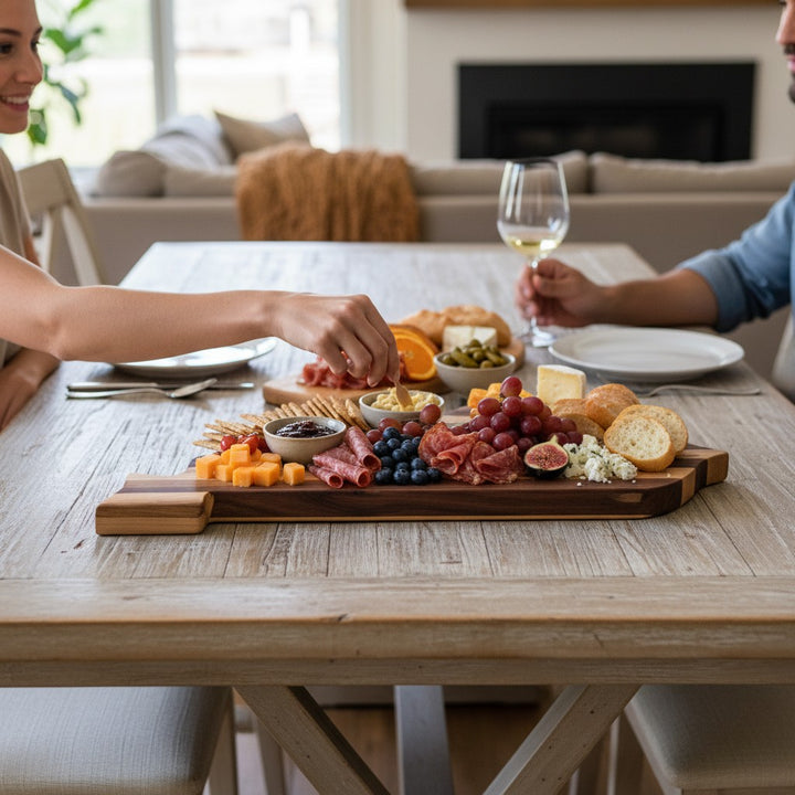 Large handmade Kentucky serving board arranged with a full charcuterie spread for entertaining.