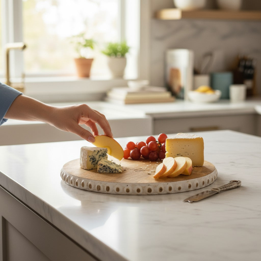 The round Kentucky board styled as a charcuterie platter with cheeses, fruit, and crackers.