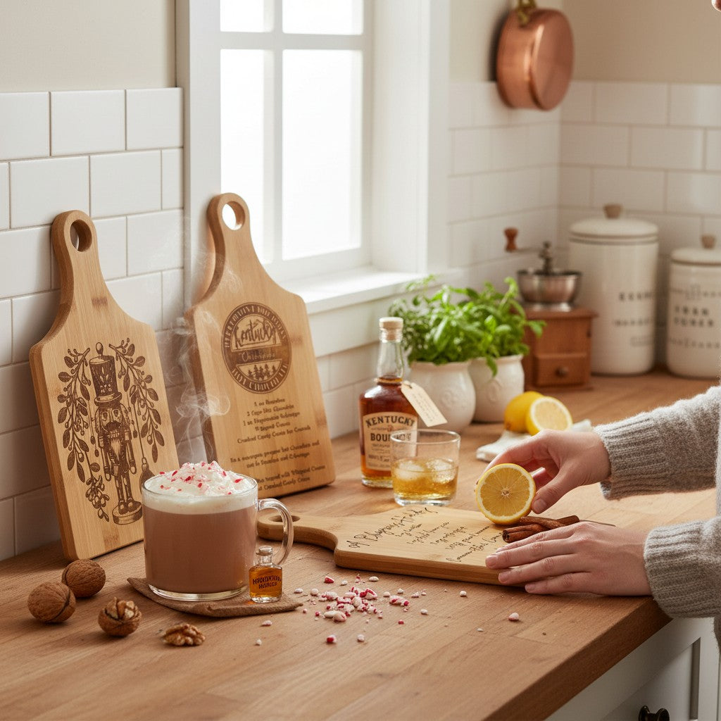 Person preparing a drink on a kitchen counter with hot chocolate, lemons, and wooden cutting boards.