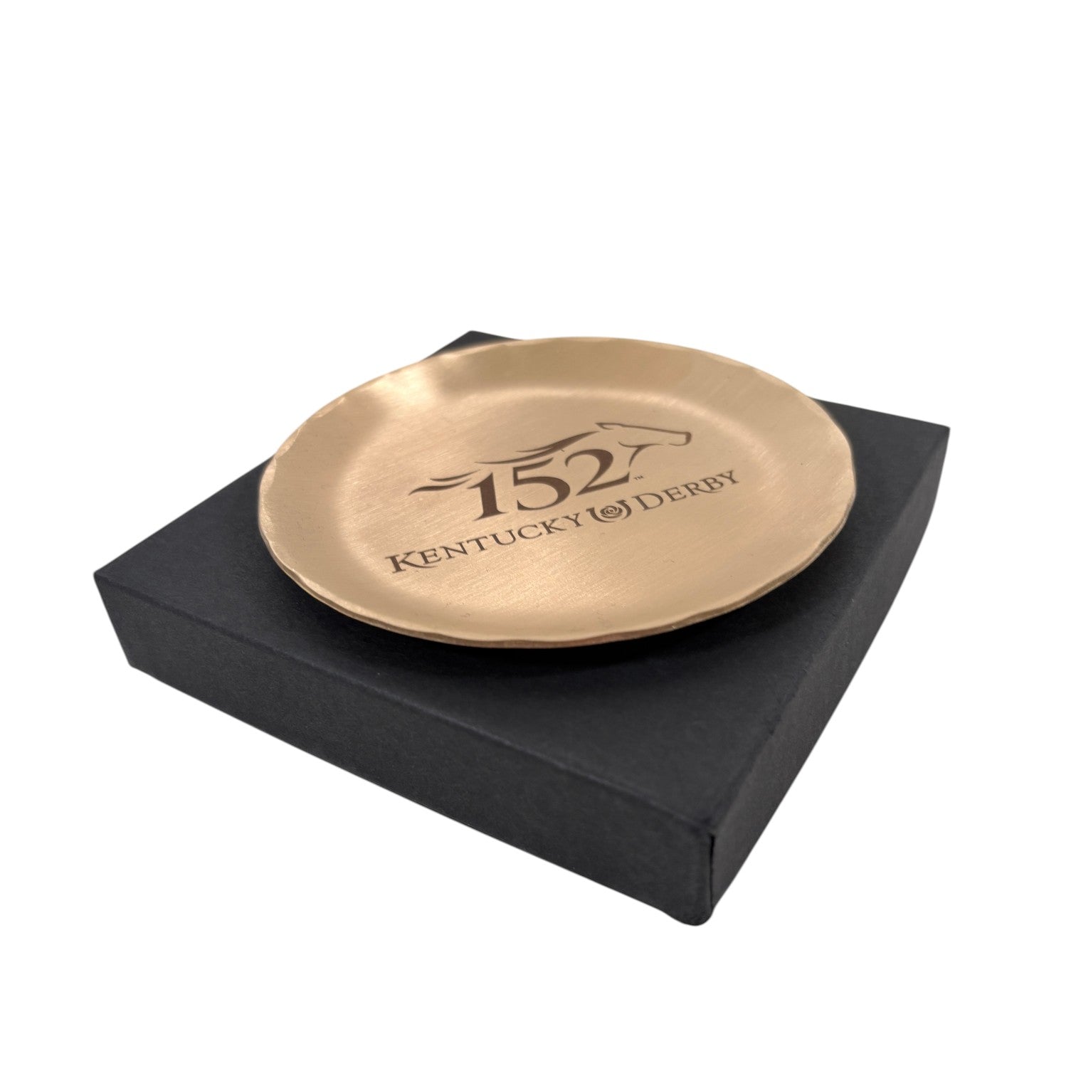 Officially licensed 152nd Kentucky Derby bronze coaster resting on top of a dark presentation box.