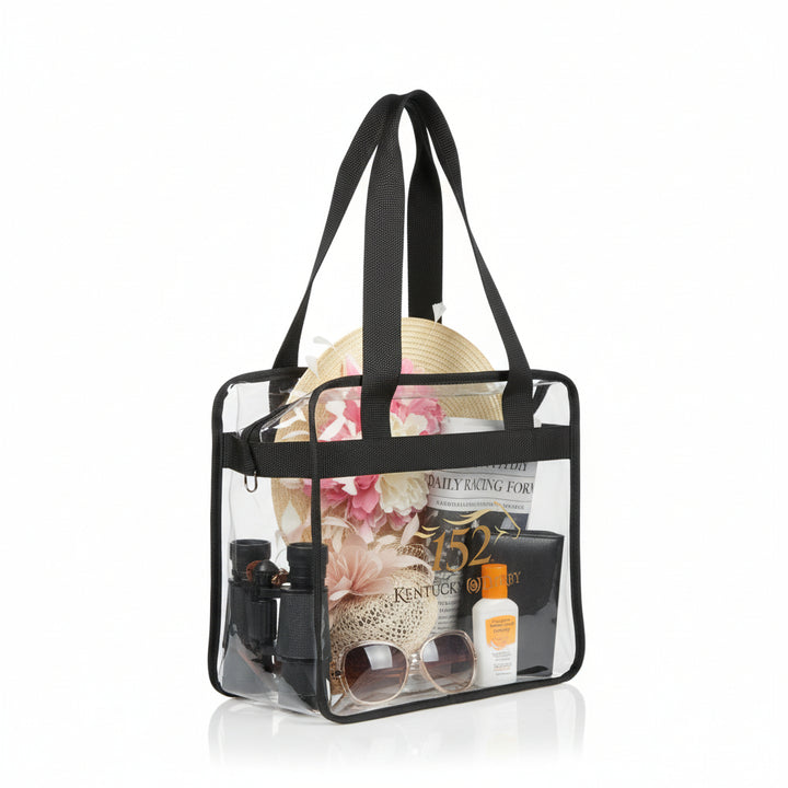 The 152nd Kentucky Derby clear tote bag filled with race day essentials like a program and hat.