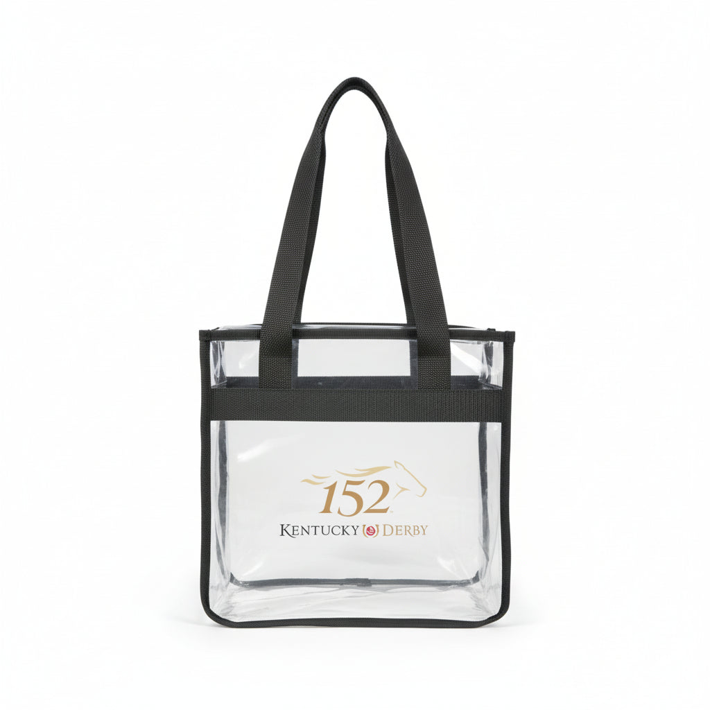  Front view of the 152nd Kentucky Derby clear PVC tote bag showing the gold event logo.