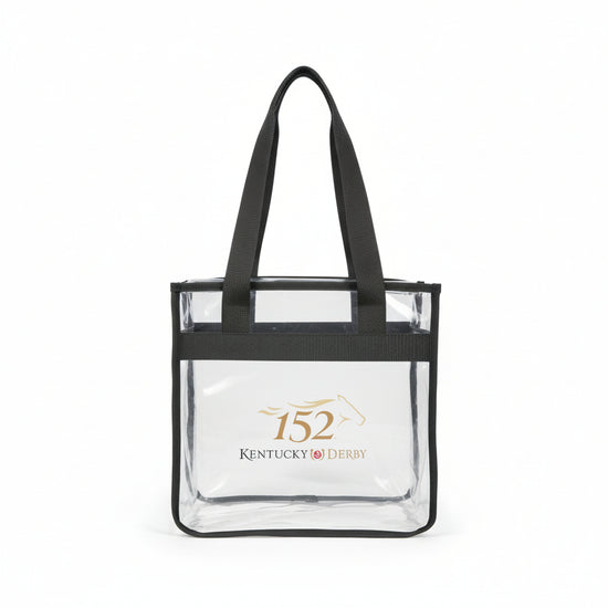  Front view of the 152nd Kentucky Derby clear PVC tote bag showing the gold event logo.