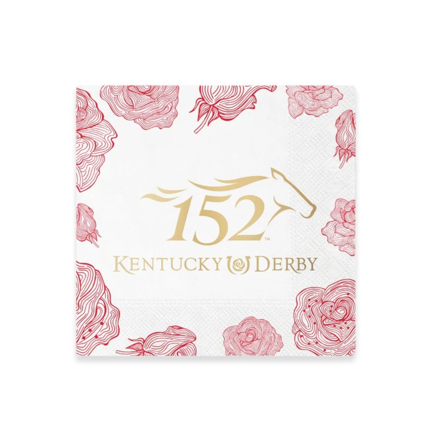 A sharp close-up view of the 2-ply paper texture on the official 152nd Kentucky Derby cocktail napkin, highlighting the crisp, licensed logo design.