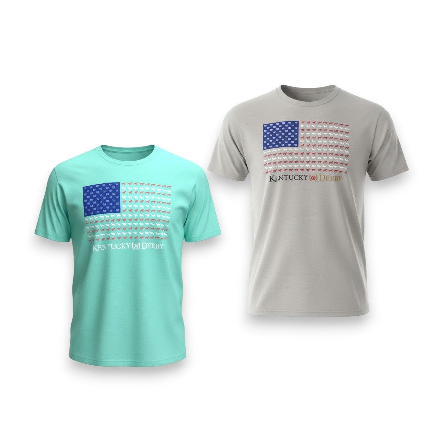 Two unisex t-shirts, one in Silver and one in True Celadon, on a white background, showing the Kentucky Derby horse and rose flag design.