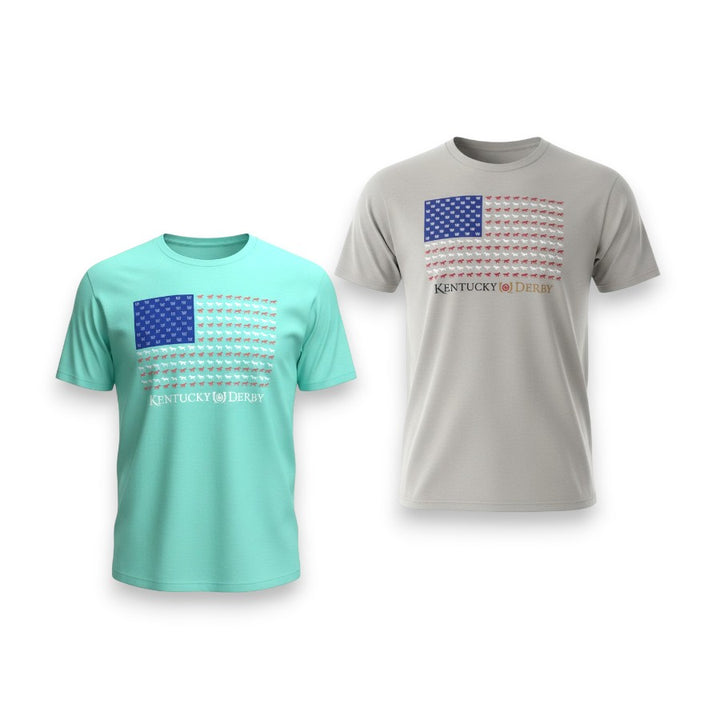 Two unisex t-shirts, one in Silver and one in True Celadon, on a white background, showing the Kentucky Derby horse and rose flag design.