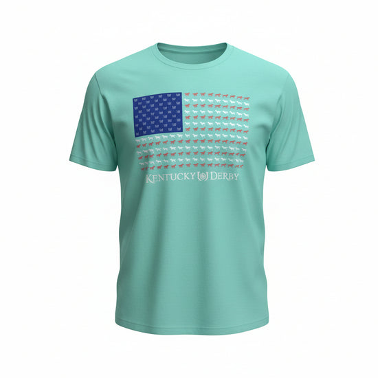 Light blue t-shirt showing the Kentucky Derby horse and rose flag design on a white background