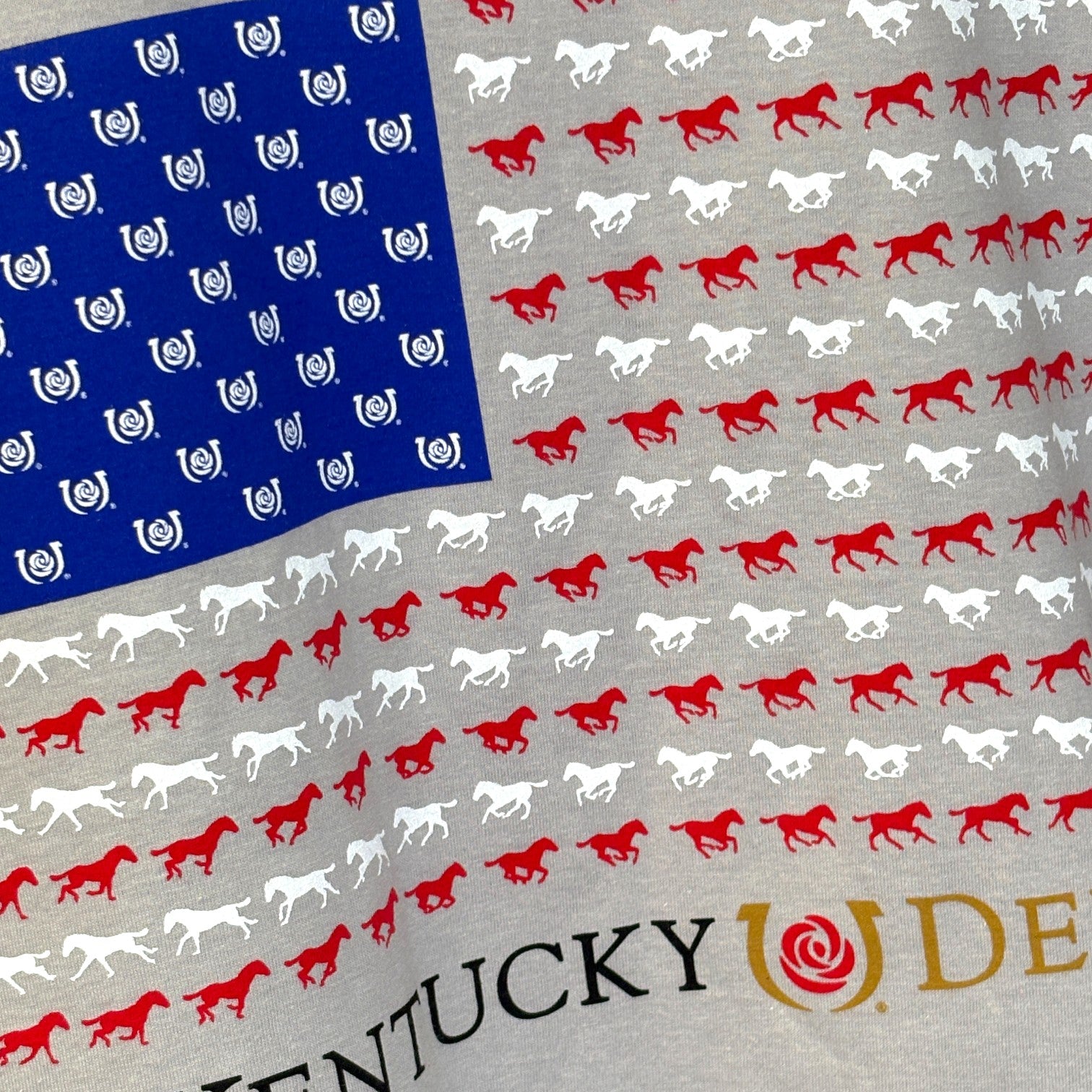 Close up of the Kentucky Derby horse and rose flag design on the Kentucky Derby 152 Horse Flag Shirt