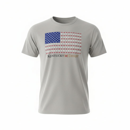 Gray t-shirt showing the Kentucky Derby horse and rose flag design on a white background