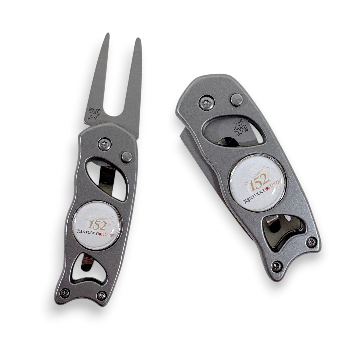  Stainless steel switchblade golf divot repair tool with prongs extended, featuring the 152nd Kentucky Derby emblem on a white background.