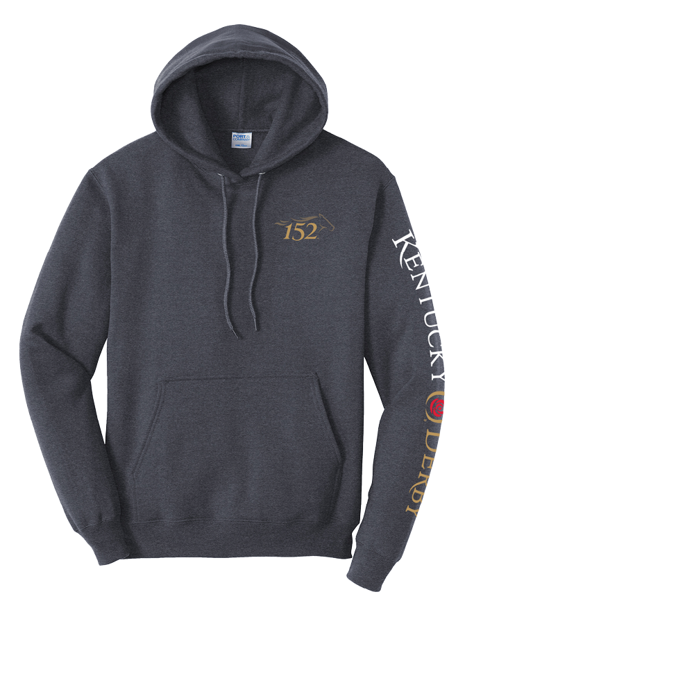  Front view of the Heather Navy Kentucky Derby 152 fleece hoodie showing the event logo on the left chest.