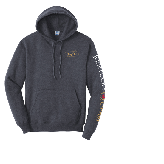  Front view of the Heather Navy Kentucky Derby 152 fleece hoodie showing the event logo on the left chest.