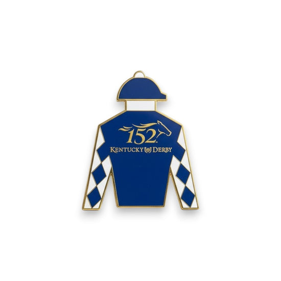 A royal blue and white enamel lapel pin shaped like jockey silks, featuring the gold Kentucky Derby 152 logo and horse head design on a clean white background.