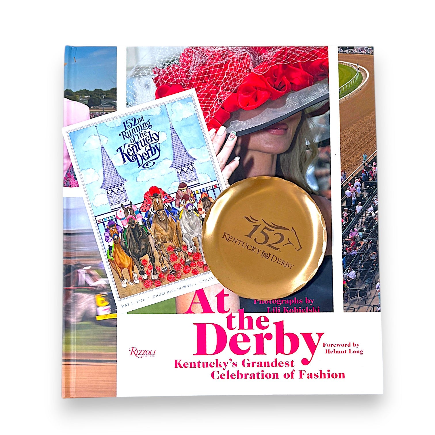 Kentucky Derby 152 Keepsake Bundle featuring the At the Derby Rizzoli coffee table book, official 152nd bronze coaster, and Art of the Derby postcard