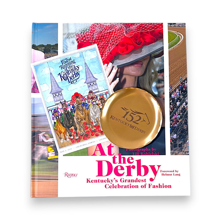 Kentucky Derby 152 Keepsake Bundle featuring the At the Derby Rizzoli coffee table book, official 152nd bronze coaster, and Art of the Derby postcard