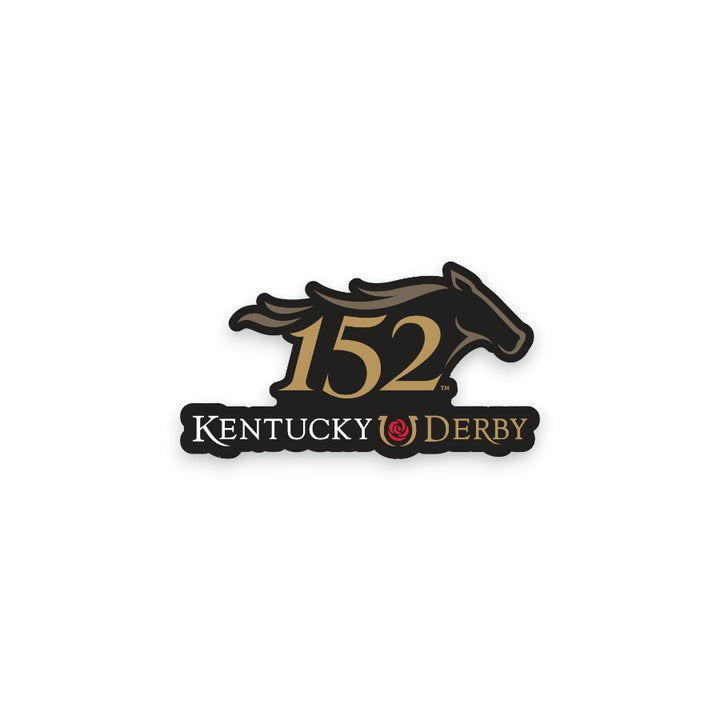 An official Kentucky Derby 152 commemorative enamel lapel pin, featuring a stylized horse head, the number 152, and the signature red rose logo on a white background.