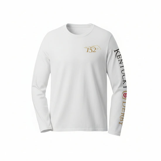 Front view of the white Kentucky Derby 152 long sleeve shirt showing the event logo on the left chest.