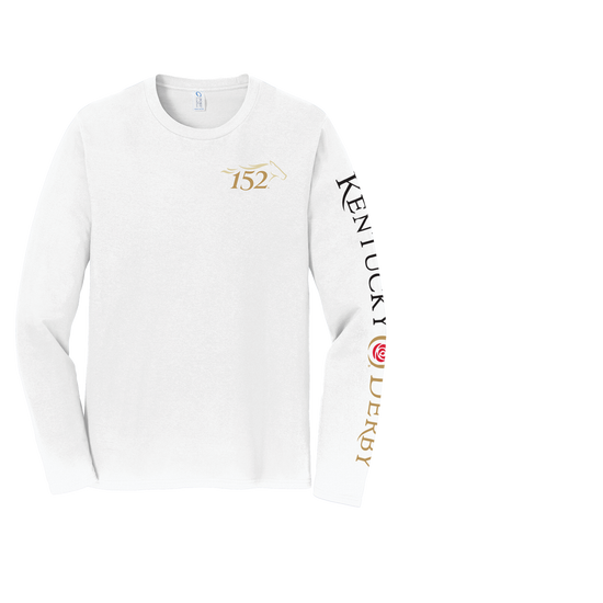 Front view of the white Kentucky Derby 152 long sleeve shirt showing the event logo on the left chest.
