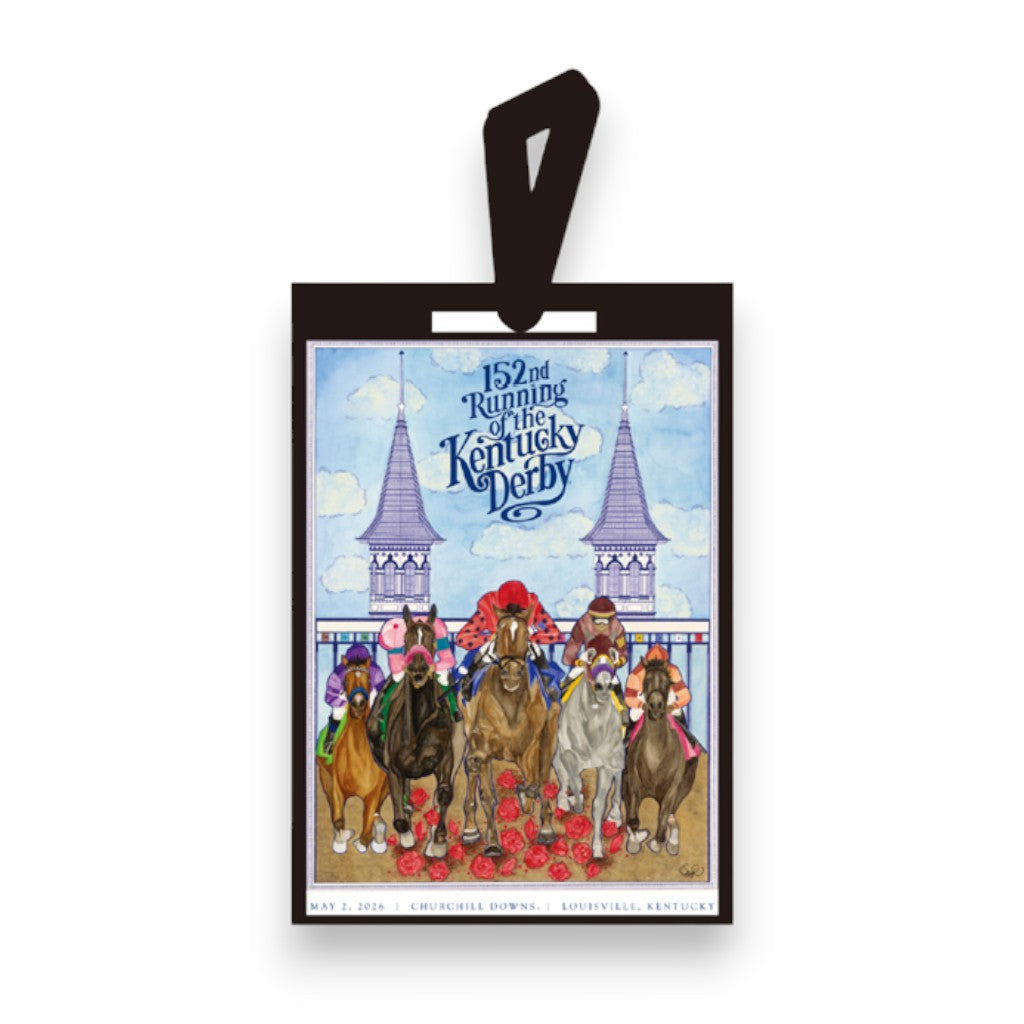 Front view of the PVC luggage tag showing the vibrant 152nd Kentucky Derby "Art of the Derby" poster design.