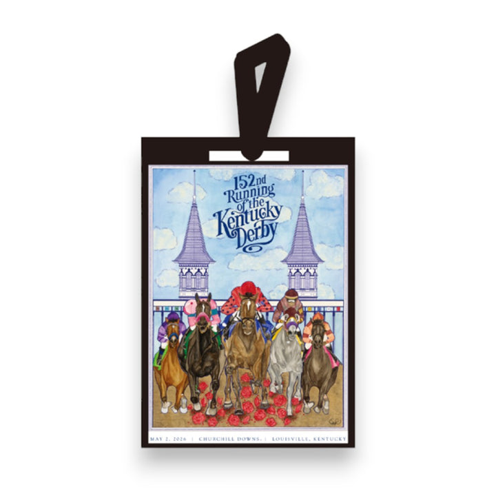 Front view of the PVC luggage tag showing the vibrant 152nd Kentucky Derby "Art of the Derby" poster design.