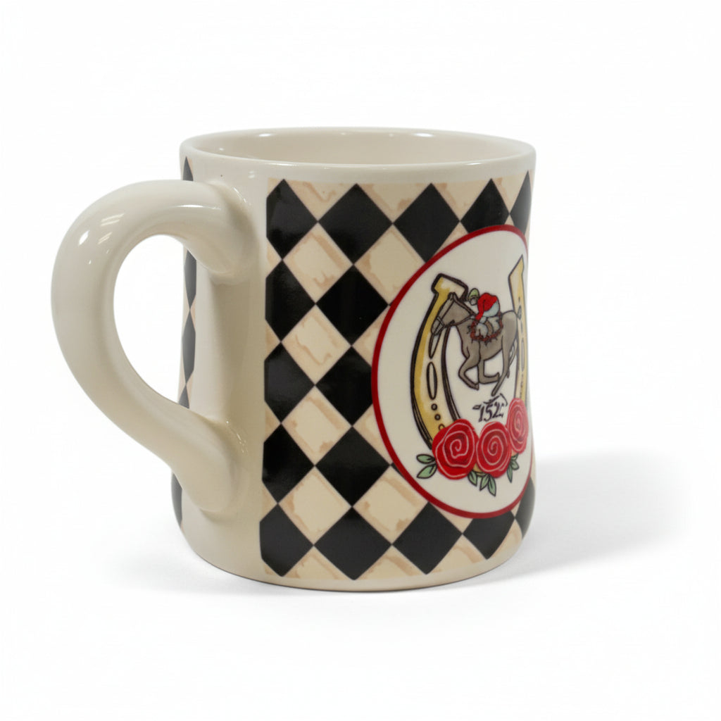 The 20 oz Kentucky Derby 152 commemorative mug shown on a clean white background, highlighting the black and cream diamond pattern and central emblem.