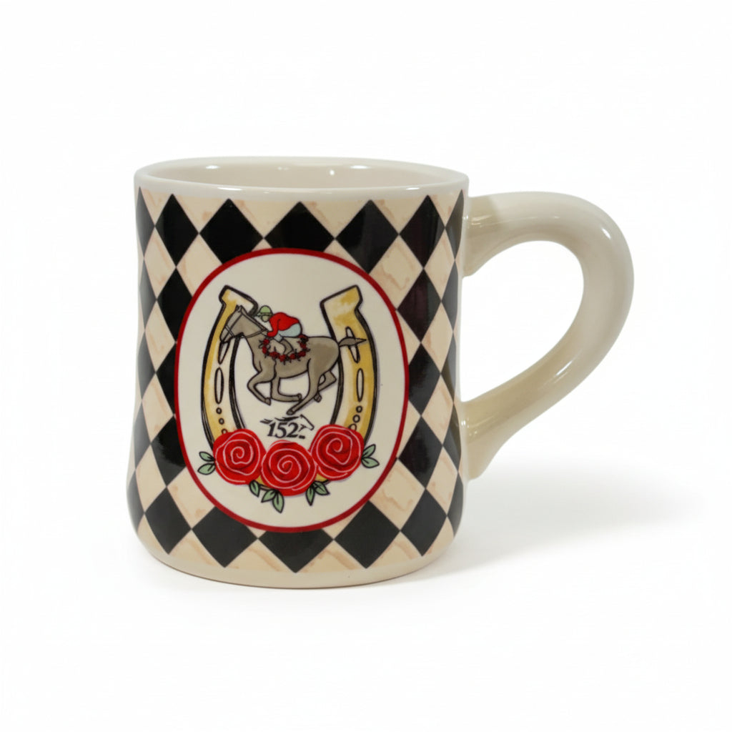 The 20 oz Kentucky Derby 152 commemorative mug shown on a clean white background, highlighting the black and cream diamond pattern and central emblem.