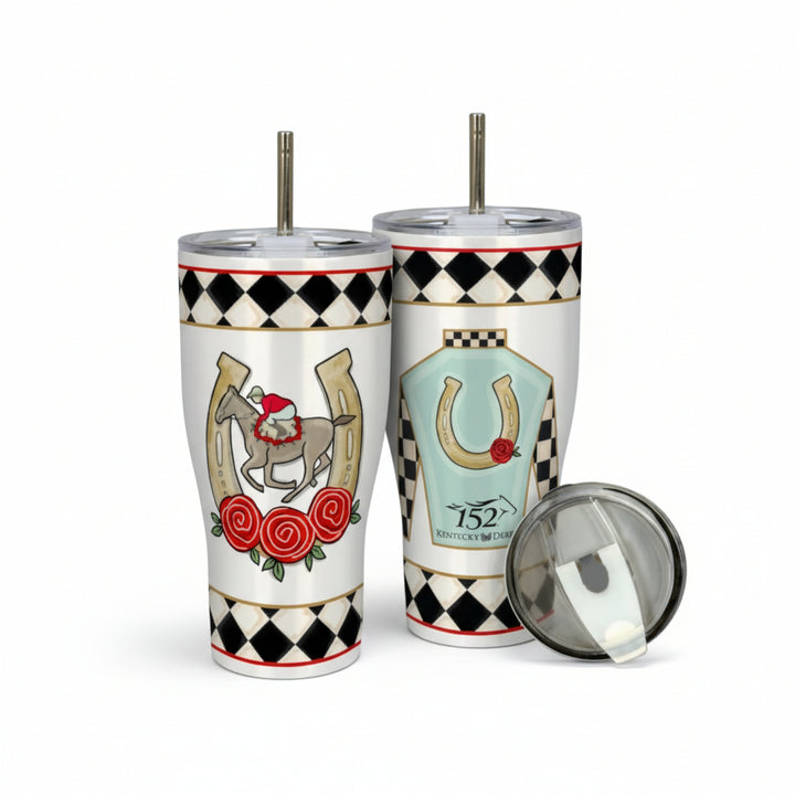 Two 152nd Kentucky Derby tumblers displayed side-by-side to show both the horse-and-horseshoe design and the jockey-silks design.