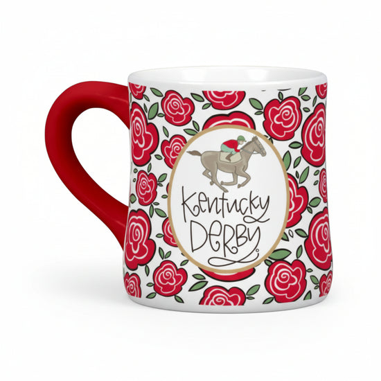 The Kentucky Derby 20oz ceramic mug featuring a Run for the Roses pattern with red roses and jockey artwork.