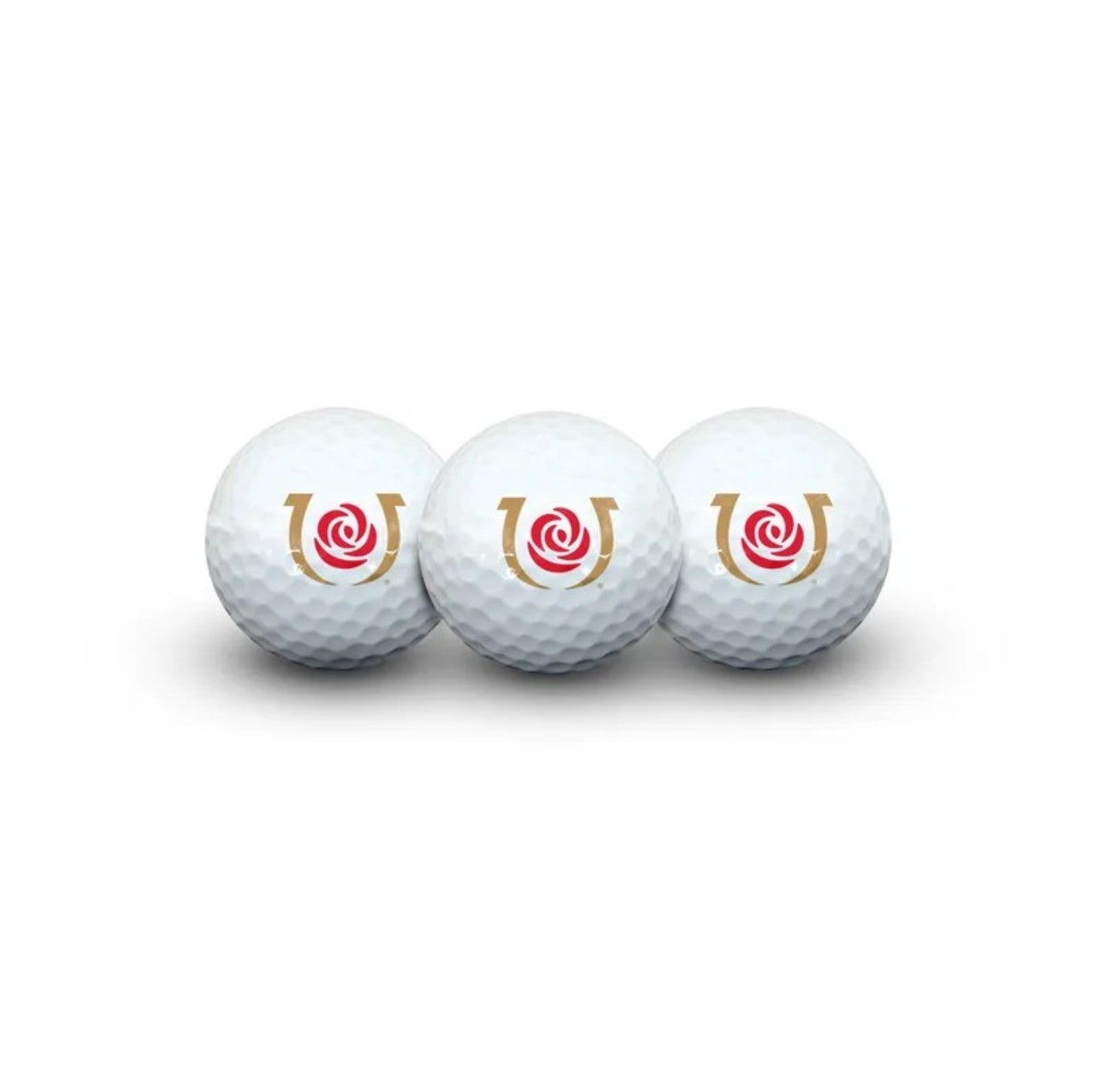 Three golf balls with the Kentucky Derby logos on a white background