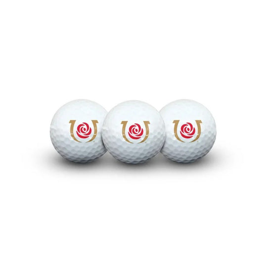 Three golf balls with the Kentucky Derby logos on a white background