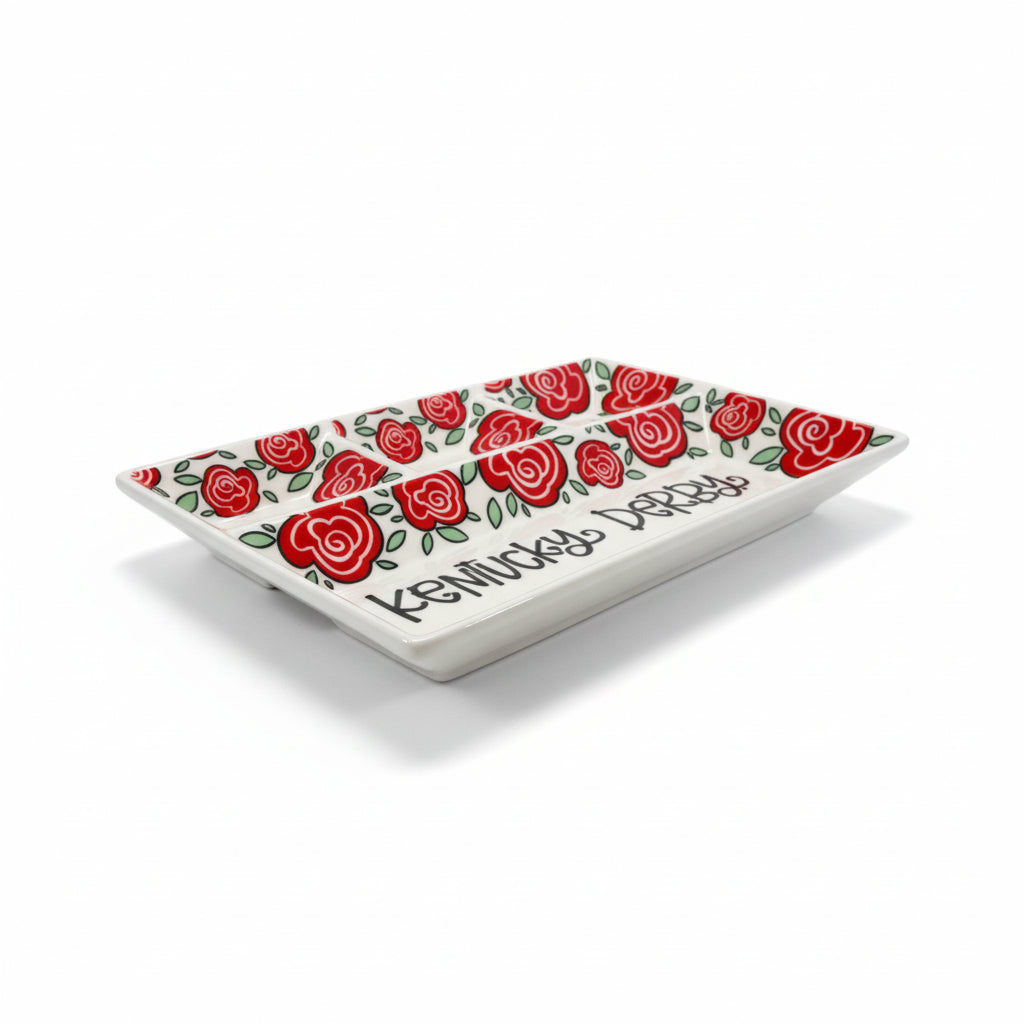  The Kentucky Derby 4-section platter, showing the red rose design and the horse, horseshoe, and trophy icons in each section.