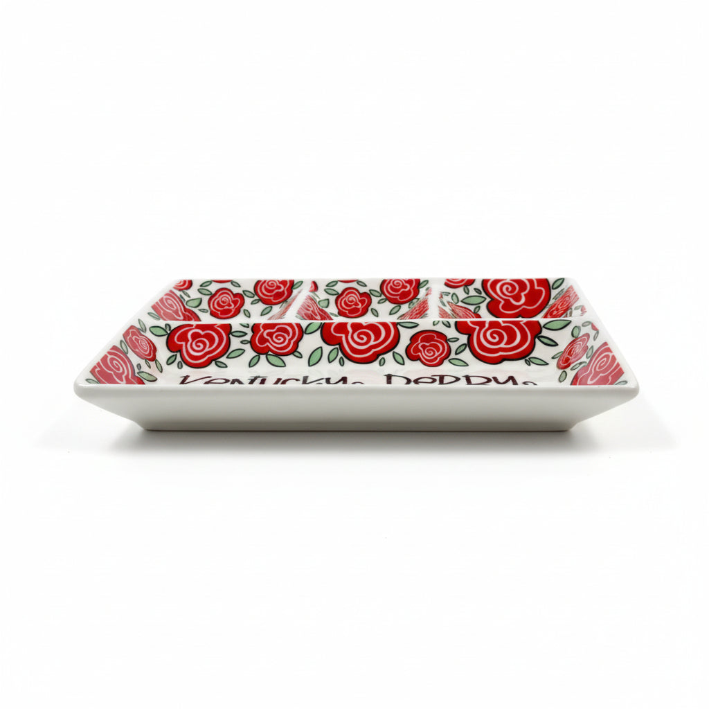  The Kentucky Derby 4-section platter, showing the red rose design and the horse, horseshoe, and trophy icons in each section.