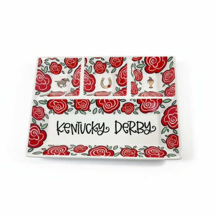 The Kentucky Derby 4-section platter, showing the red rose design and the horse, horseshoe, and trophy icons in each section.