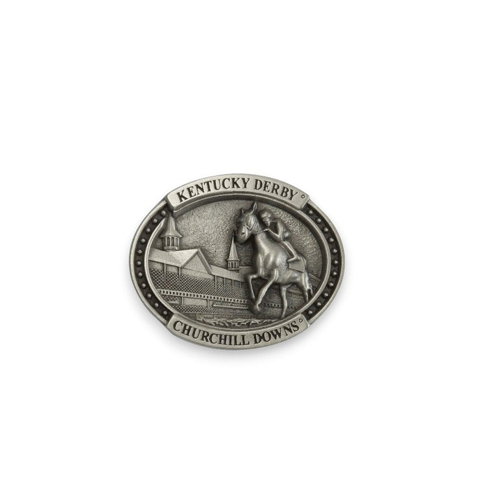 Oval antique pewter-style Kentucky Derby lapel pin featuring embossed Churchill Downs twin spires, a galloping racehorse, and a decorative beaded border.