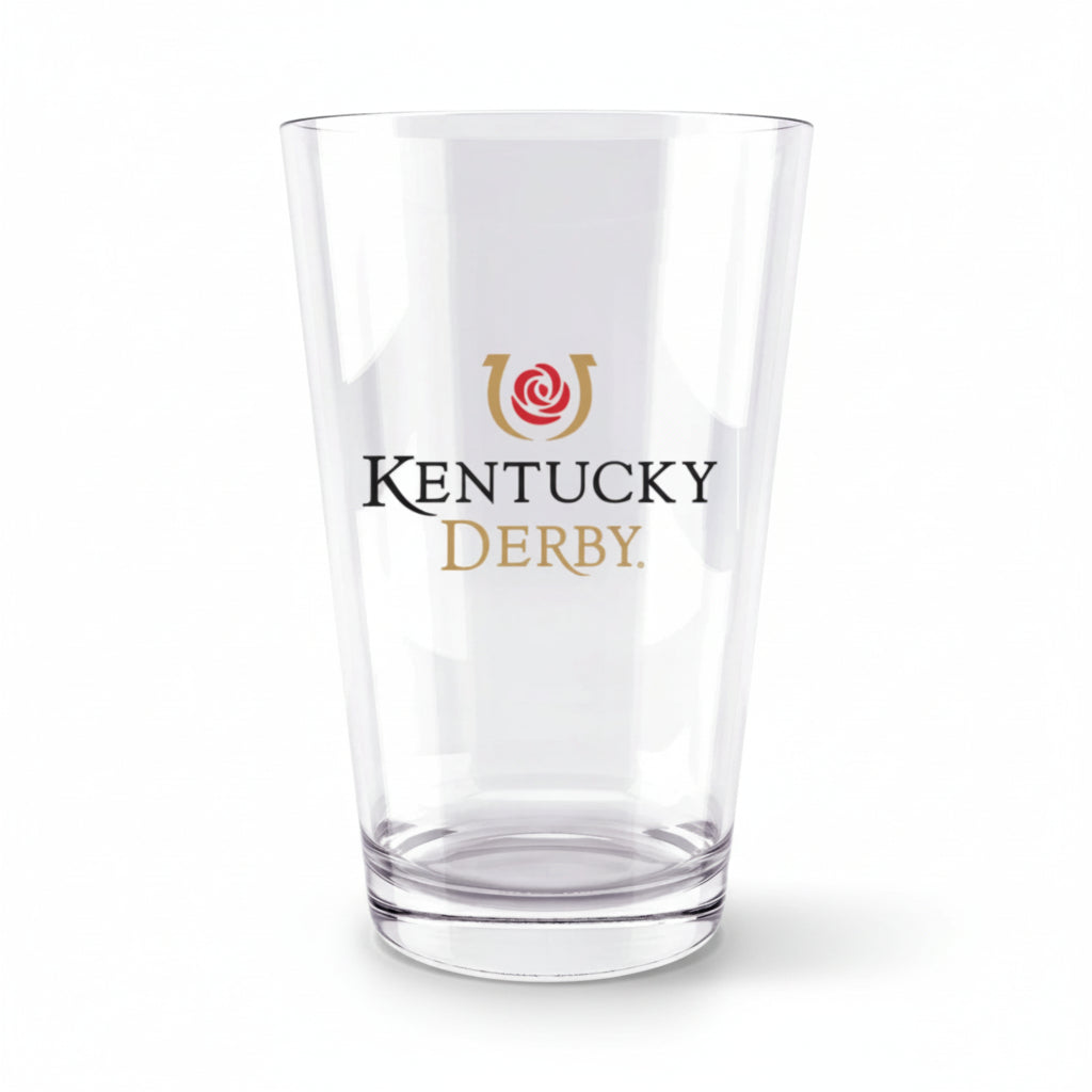 A clear 16 oz pint glass featuring the official Kentucky Derby logo and artwork centered on the front.