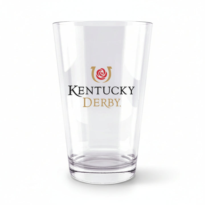 A clear 16 oz pint glass featuring the official Kentucky Derby logo and artwork centered on the front.