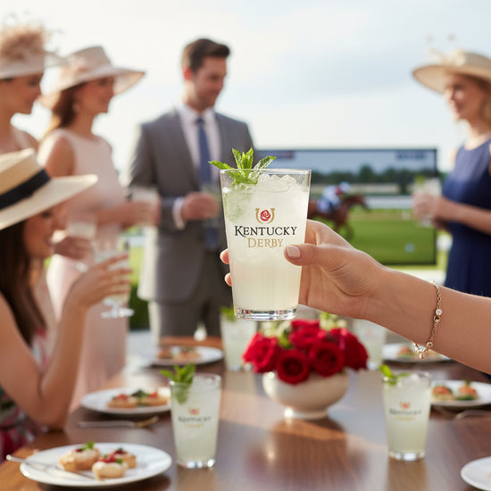 Person holding a clear 16 oz pint glass featuring the official Kentucky Derby logo at a social event with blurred people and horses in the background.