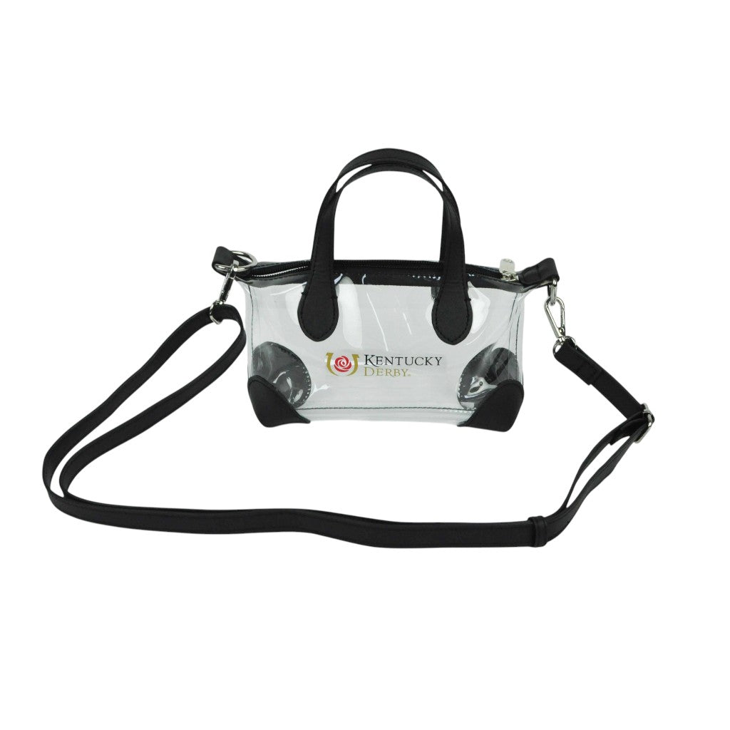 Clear handbag with black handles and strap, featuring a logo on a white background