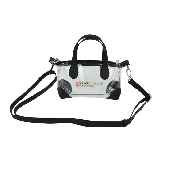 Clear handbag with black handles and strap, featuring a logo on a white background