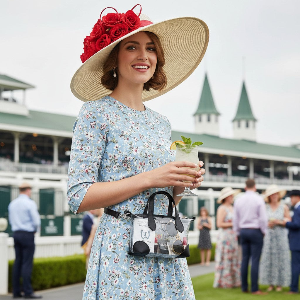Woman in a floral dress and large hat holding a drink at a racecourse.