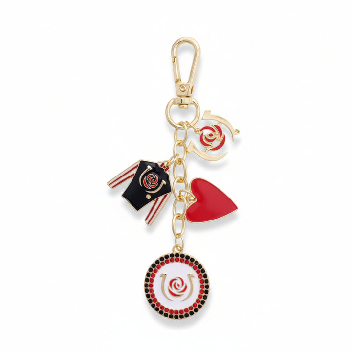 Full view of the multi-charm Kentucky Derby Cluster Bag Charm, showing the lobster clasp and all hanging enamel charms against a white background.