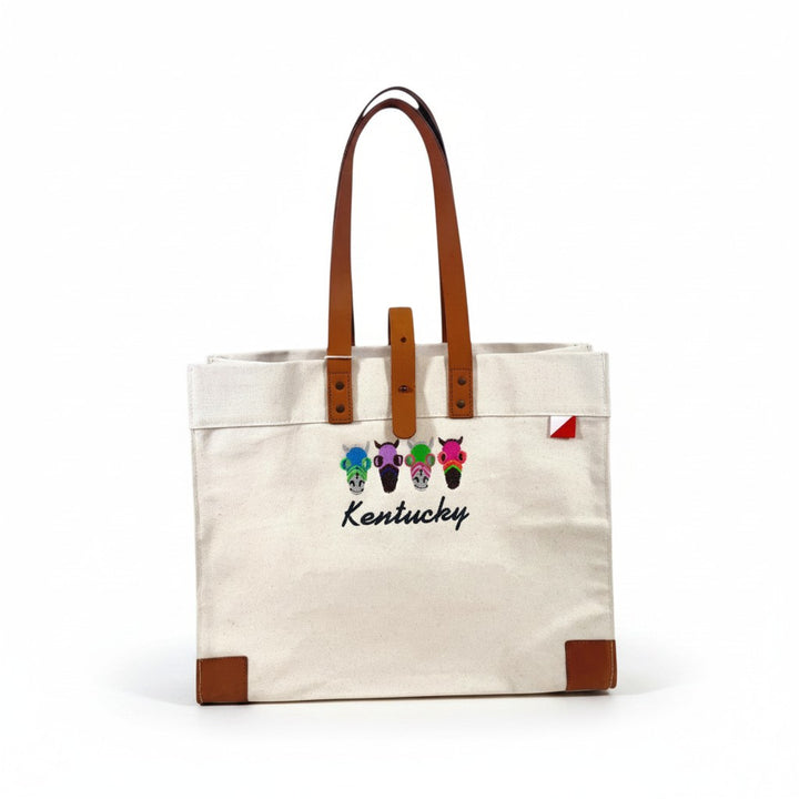 Canvas tote bag with brown handles and accents, featuring 'Kentucky' and horse illustrations on a white background.