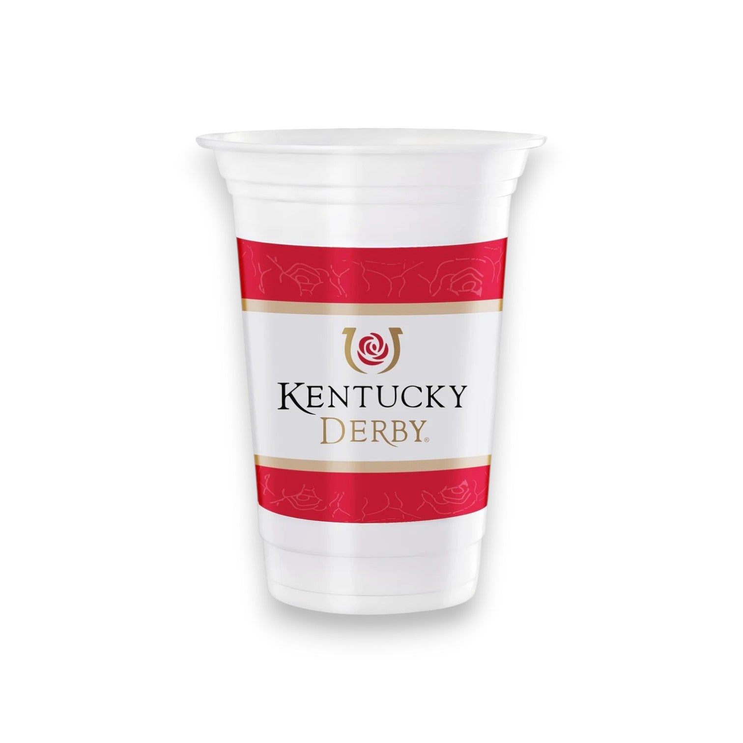 A premium 16oz white plastic cup featuring the official Kentucky Derby Evergreen logo printed on the front.