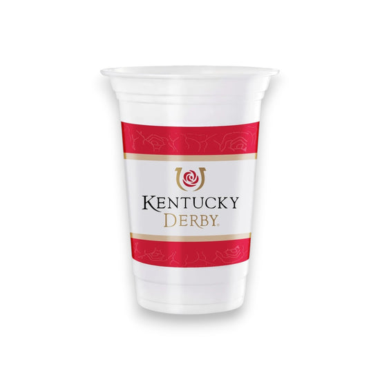 A premium 16oz white plastic cup featuring the official Kentucky Derby Evergreen logo printed on the front.