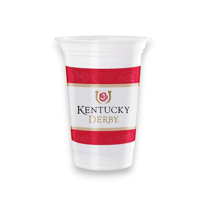 A premium 16oz white plastic cup featuring the official Kentucky Derby Evergreen logo printed on the front.