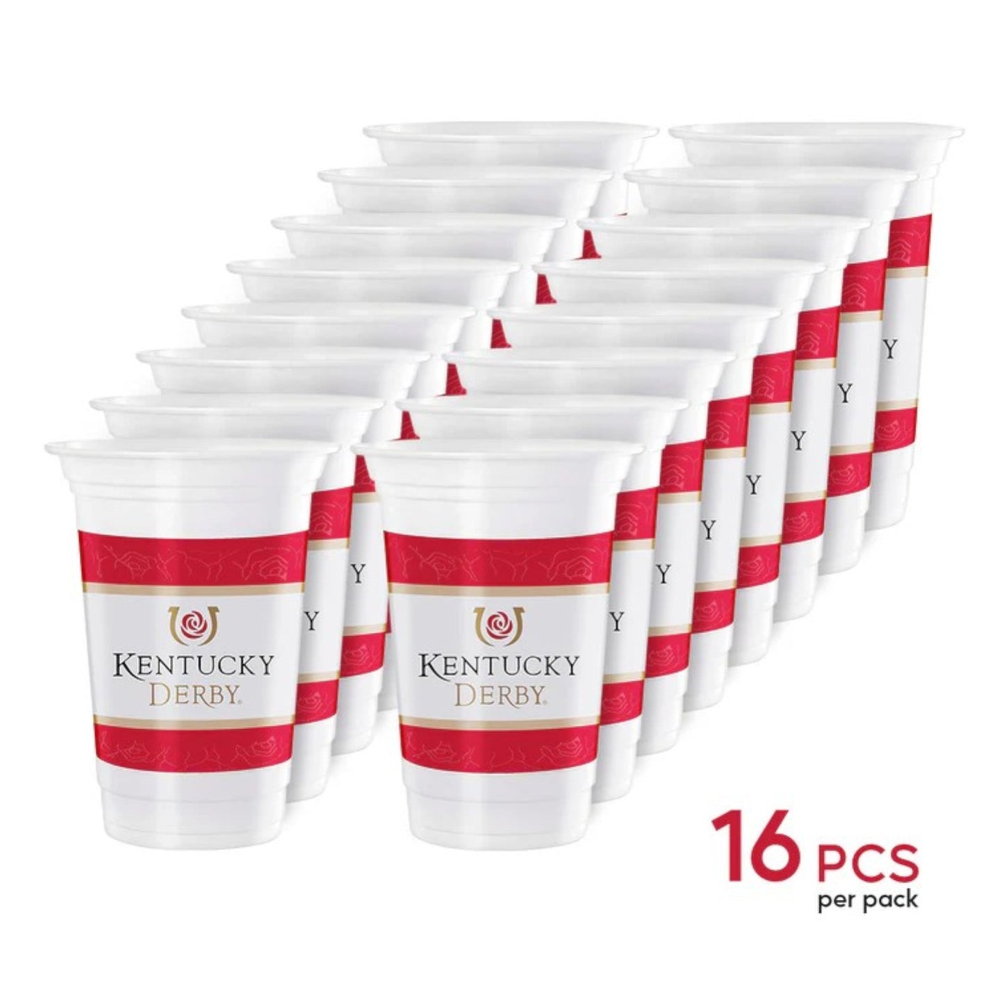 A neat stack of official Kentucky Derby Evergreen 16oz plastic cups.